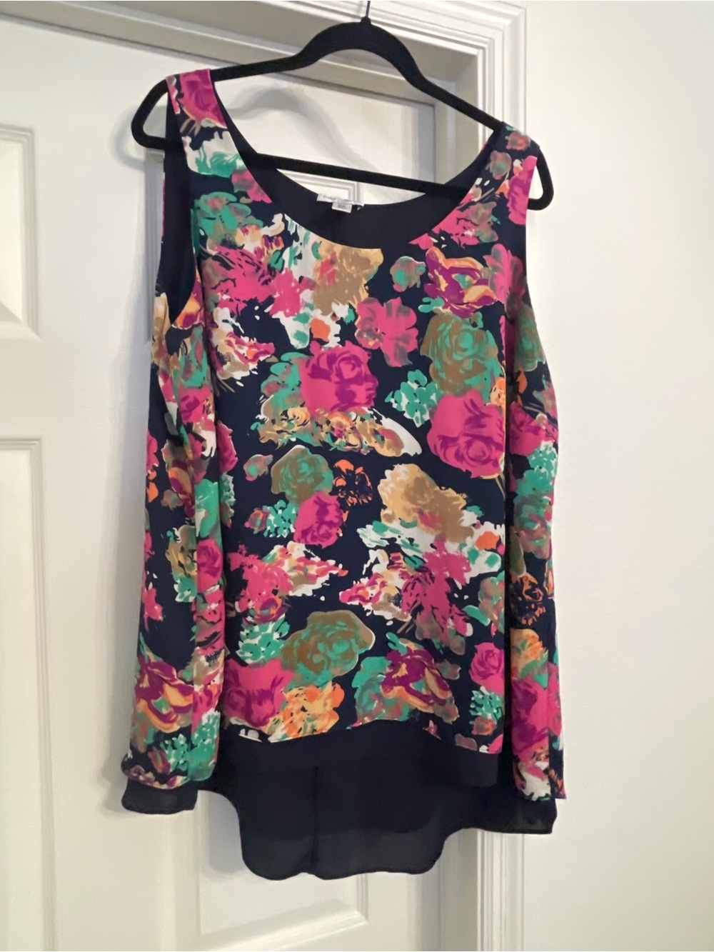 Dalia Collection Black Cold-Shoulder Blouse with Pink, Green & Gold Floral